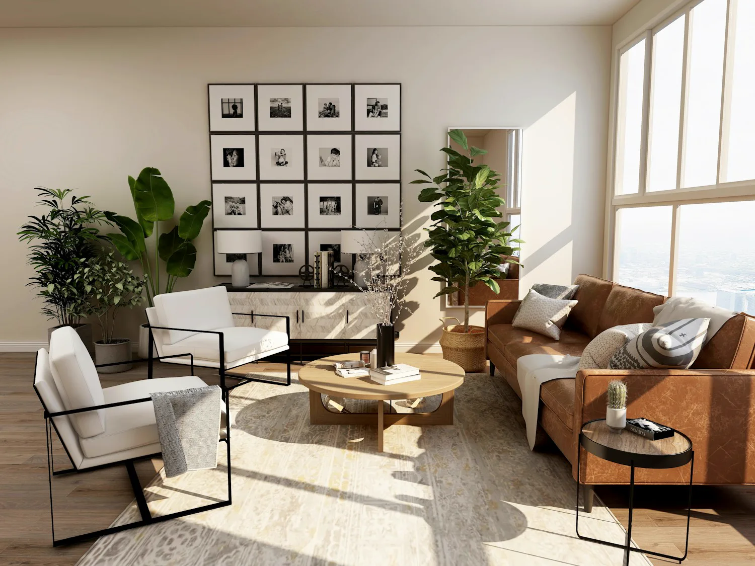 Salón luminoso con sofá, plantas y muebles de madera. Fotografía de inspiración.